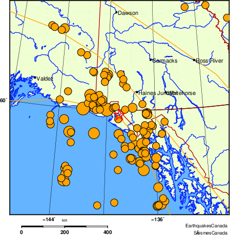 Map of historical earthquakes magnitude 5.0 and larger.  Details in the data table below