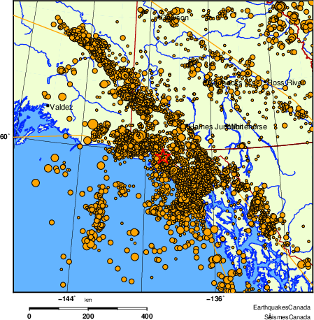 carte des des séismes de magnitude 2,0 et plus depuis 2000