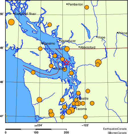 Map of historical earthquakes magnitude 5.0 and larger.  Details in the data table below