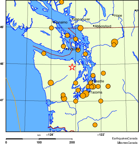 Map of historical earthquakes magnitude 5.0 and larger.  Details in the data table below