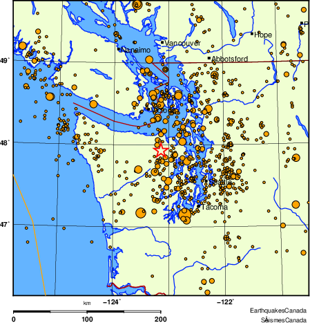 carte des des séismes de magnitude 2,0 et plus depuis 2000