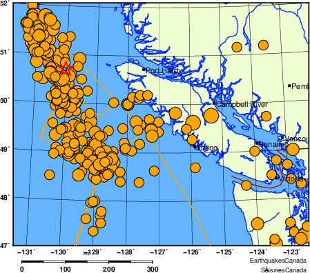Map of historical earthquakes magnitude 5.0 and larger. Details in the data table below
