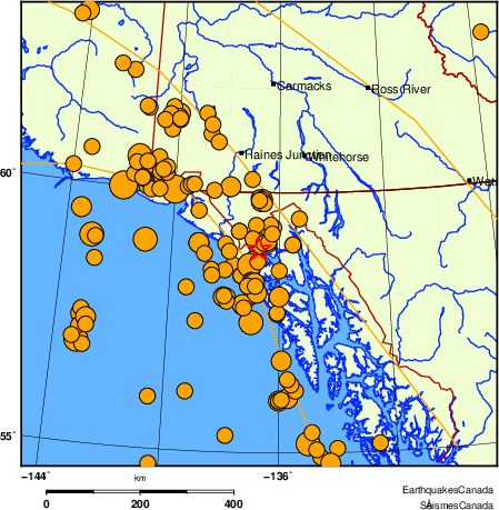 Map of historical earthquakes magnitude 5.0 and larger. Details in the data table below