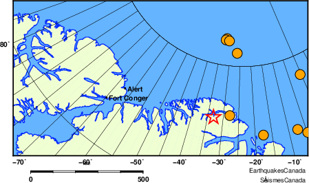 Map of historical earthquakes magnitude 5.0 and larger. Details in the data table below