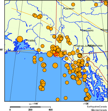 Map of historical earthquakes magnitude 5.0 and larger. Details in the data table below