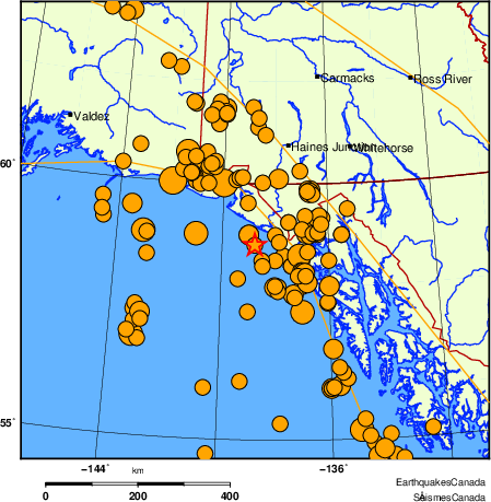 Map of historical earthquakes magnitude 5.0 and larger. Details in the data table below