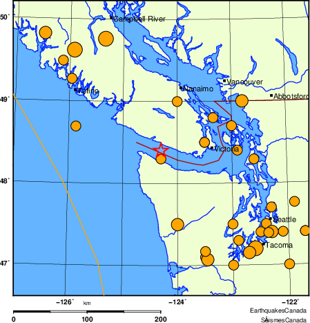 Map of historical earthquakes magnitude 5.0 and larger. Details in the data table below