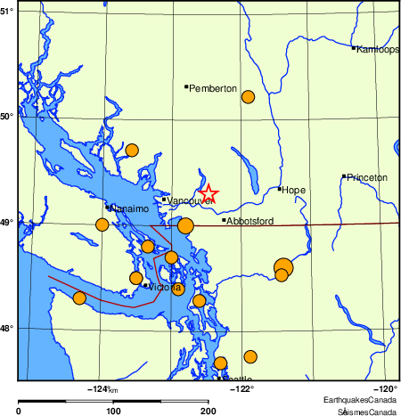 Map of historical earthquakes magnitude 5.0 and larger. Details in the data table below