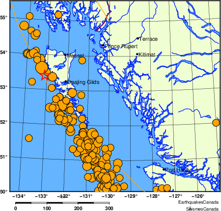 Map of historical earthquakes magnitude 5.0 and larger. Details in the data table below