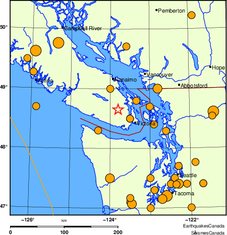 Map of historical earthquakes magnitude 5.0 and larger. Details in the data table below