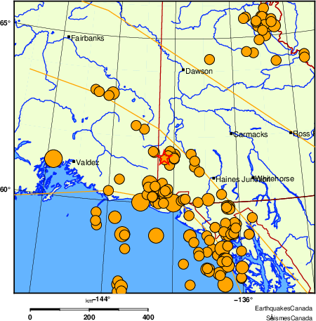 Map of historical earthquakes magnitude 5.0 and larger. Details in the data table below