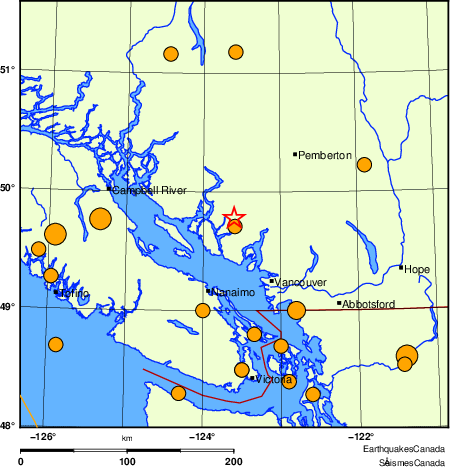 Map of historical earthquakes magnitude 5.0 and larger. Details in the data table below