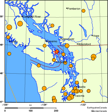 Map of historical earthquakes magnitude 5.0 and larger. Details in the data table below