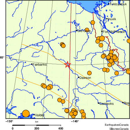 Map of historical earthquakes magnitude 5.0 and larger.  Details in the data table below
