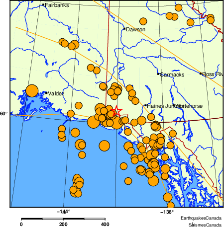Map of historical earthquakes magnitude 5.0 and larger.  Details in the data table below