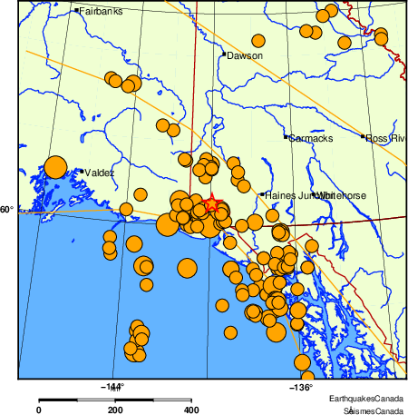 Map of historical earthquakes magnitude 5.0 and larger.  Details in the data table below
