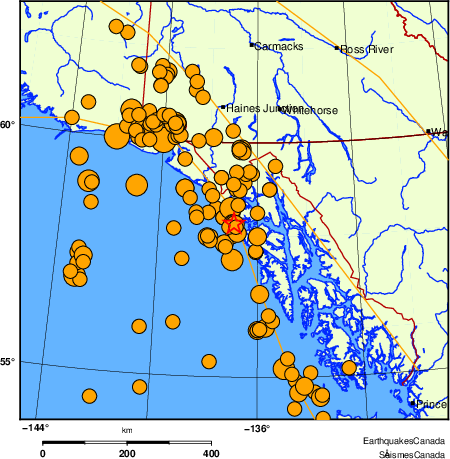 Map of historical earthquakes magnitude 5.0 and larger.  Details in the data table below