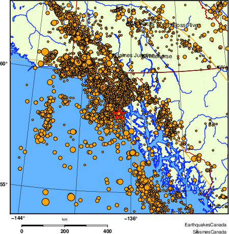 carte des des séismes de magnitude 2,0 et plus depuis 2000