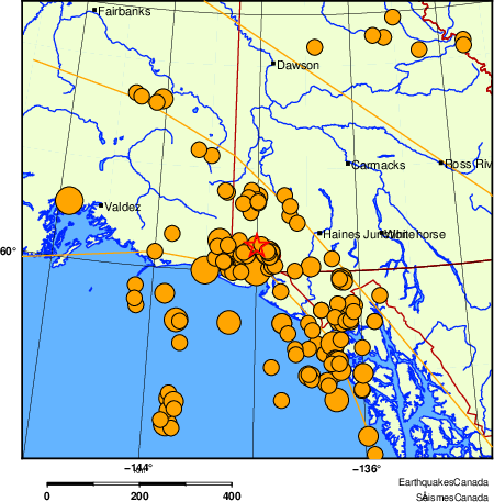 Map of historical earthquakes magnitude 5.0 and larger.  Details in the data table below