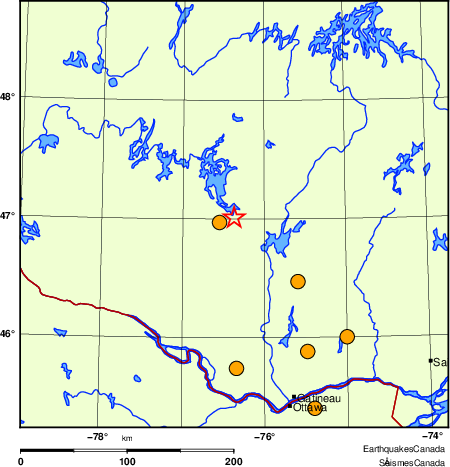 Map of historical earthquakes magnitude 5.0 and larger.  Details in the data table below