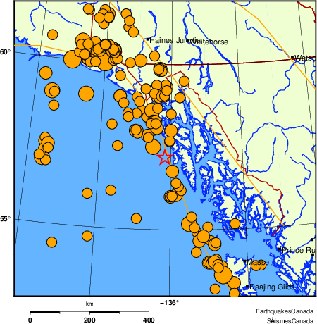 Map of historical earthquakes magnitude 5.0 and larger. Details in the data table below