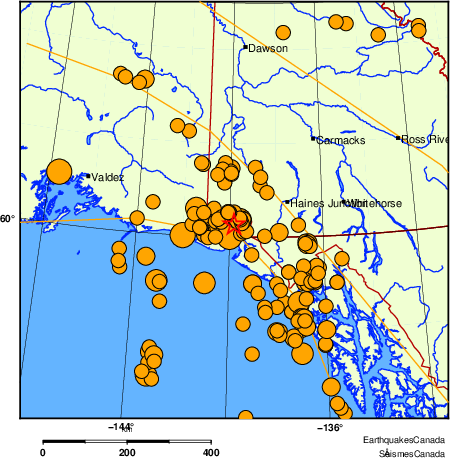 Map of historical earthquakes magnitude 5.0 and larger. Details in the data table below