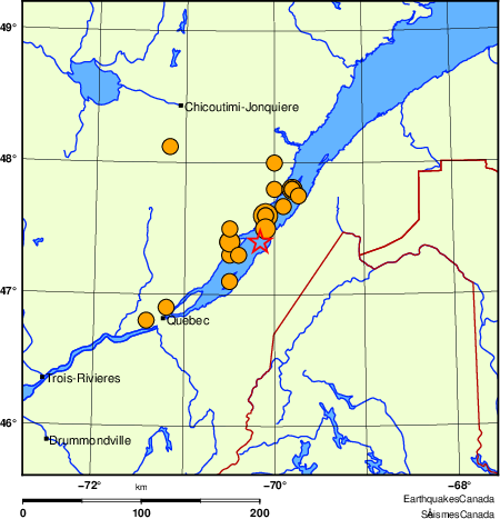 Map of historical earthquakes magnitude 5.0 and larger.  Details in the data table below