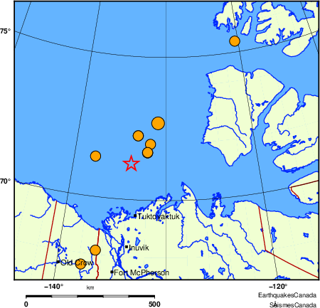 carte des s&eacute;ismes historiques de magnitude 5,0 et plus.  Détails dans le tableau de données ci-dessous