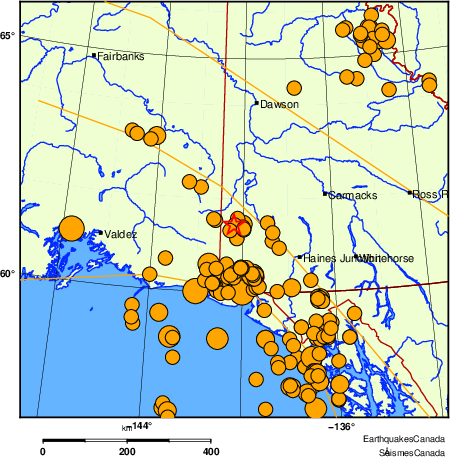 carte des s&eacute;ismes historiques de magnitude 5,0 et plus.  Détails dans le tableau de données ci-dessous