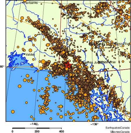 carte des des s&eacute;ismes de magnitude 2,0 et plus depuis 2000