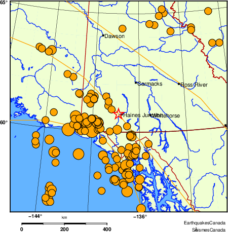Map of historical earthquakes magnitude 5.0 and larger.  Details in the data table below